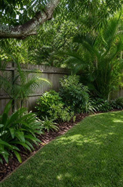 Shaded backyard corner with a freshly edged lawn
