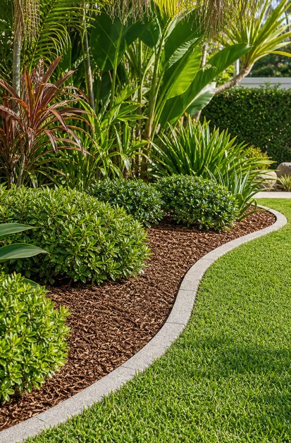 Fresh garden bed maintenance beside a healthy lawn