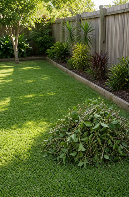 Clean backyard yard tidy-up with green waste ready for removal