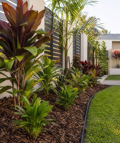 Garden bed maintenance with fresh plants and mulch