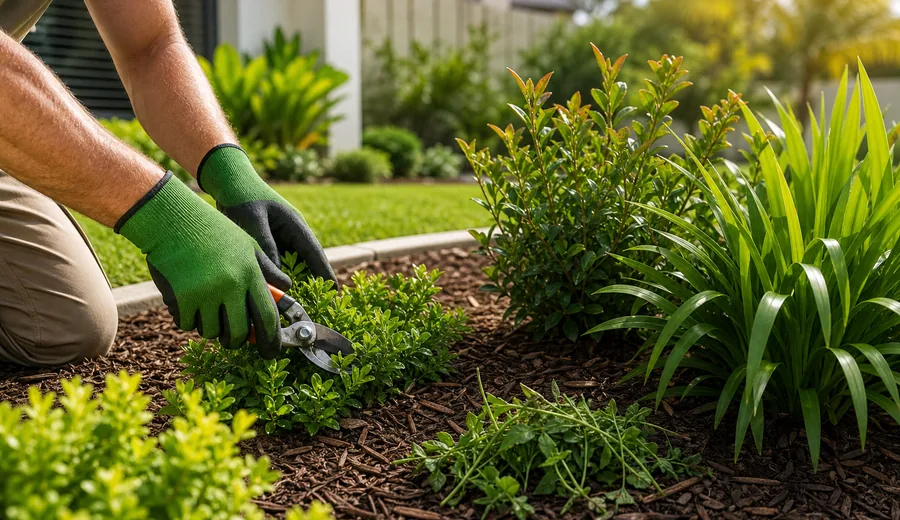 Garden bed maintenance with fresh plants and mulch