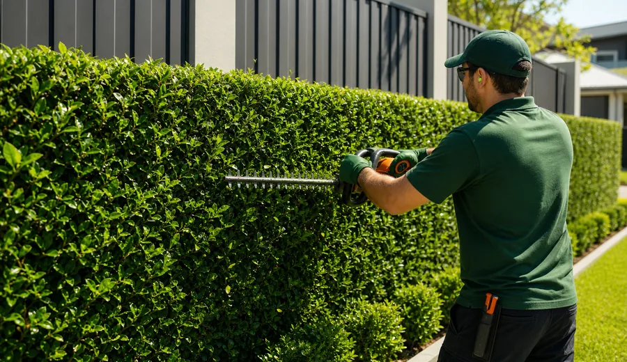 A neatly trimmed green hedge in a front yard
