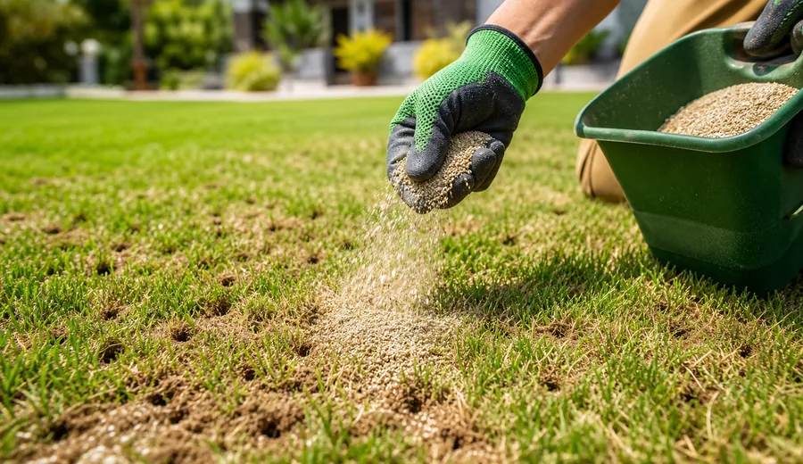 Turf care and lawn repair on healthy green grass