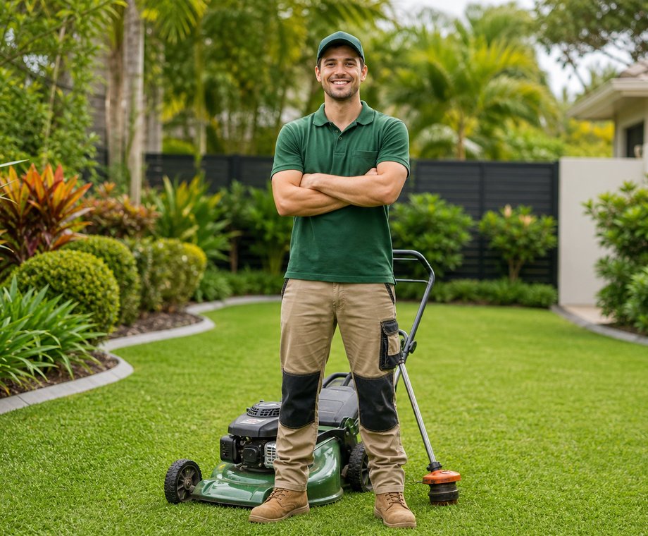 Friendly Rics Lawn Care worker standing with lawn care equipment